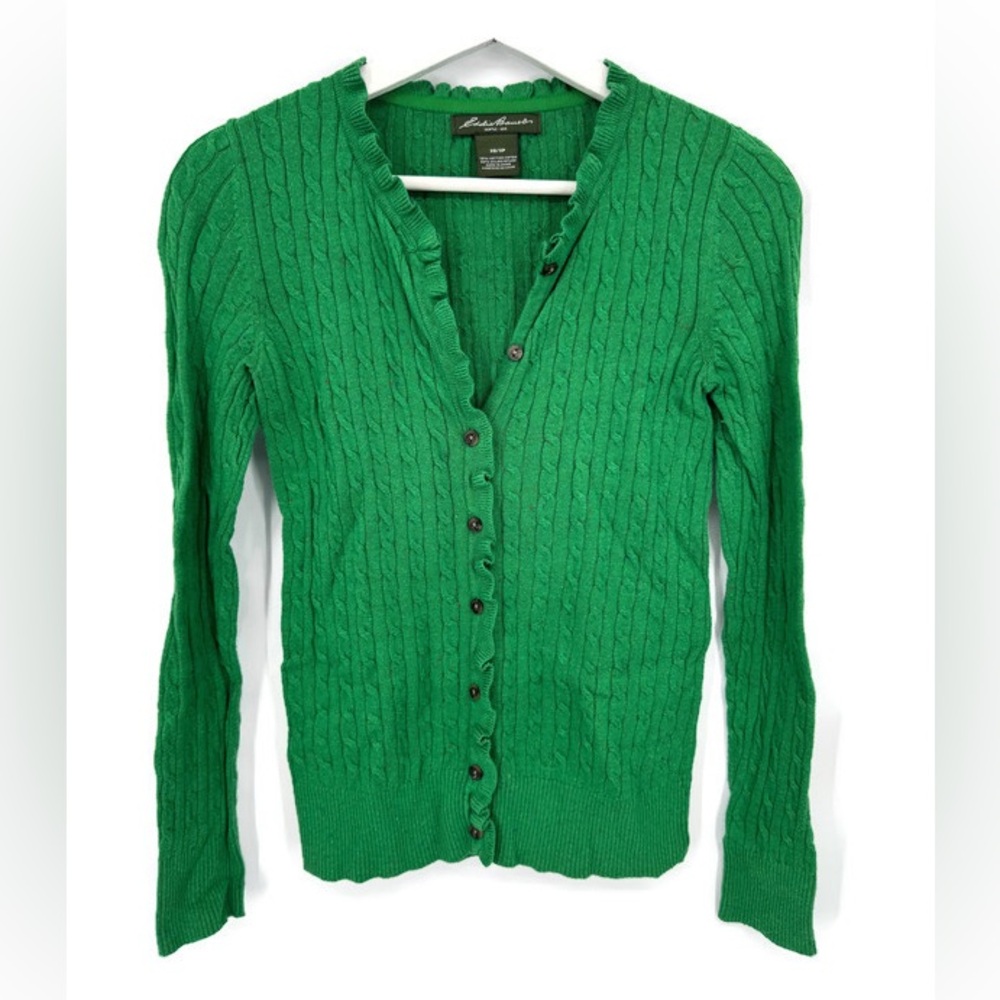 Eddie Bauer Green Cable Knit Button Ruffle Cardigan XS
